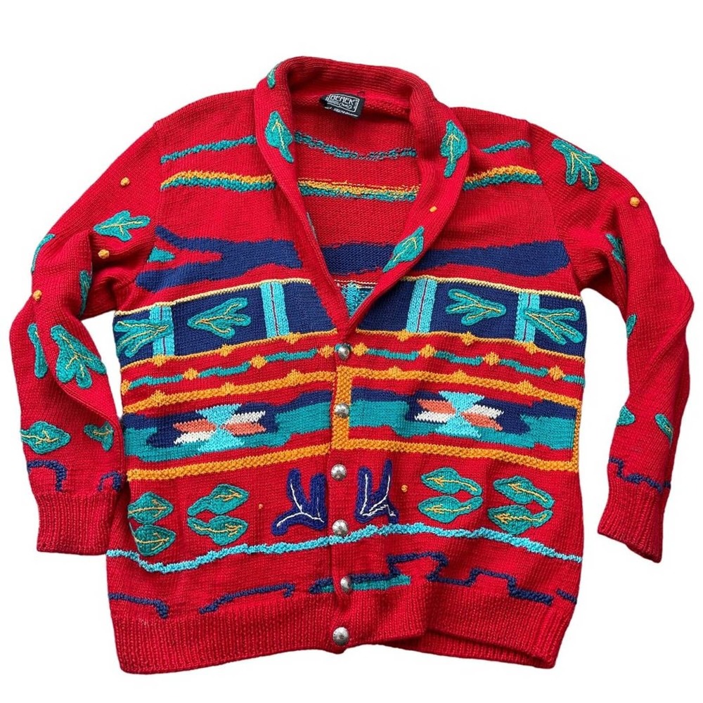 Berek Marta D Cardigan Hand Knit Southwestern Red Pima Cotton Sweater Large